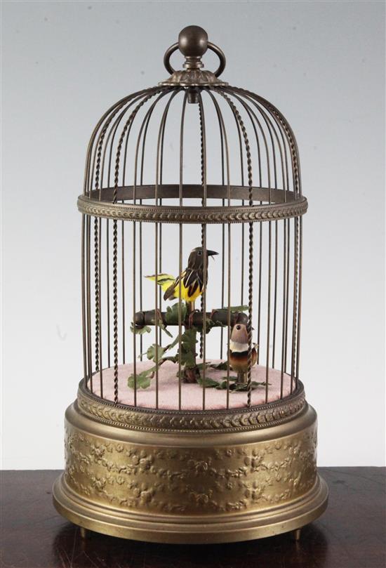 A mid 20th century musical brass birdcage automaton by Reuge Music, Saint-Croix, Switzerland, 11.25in.